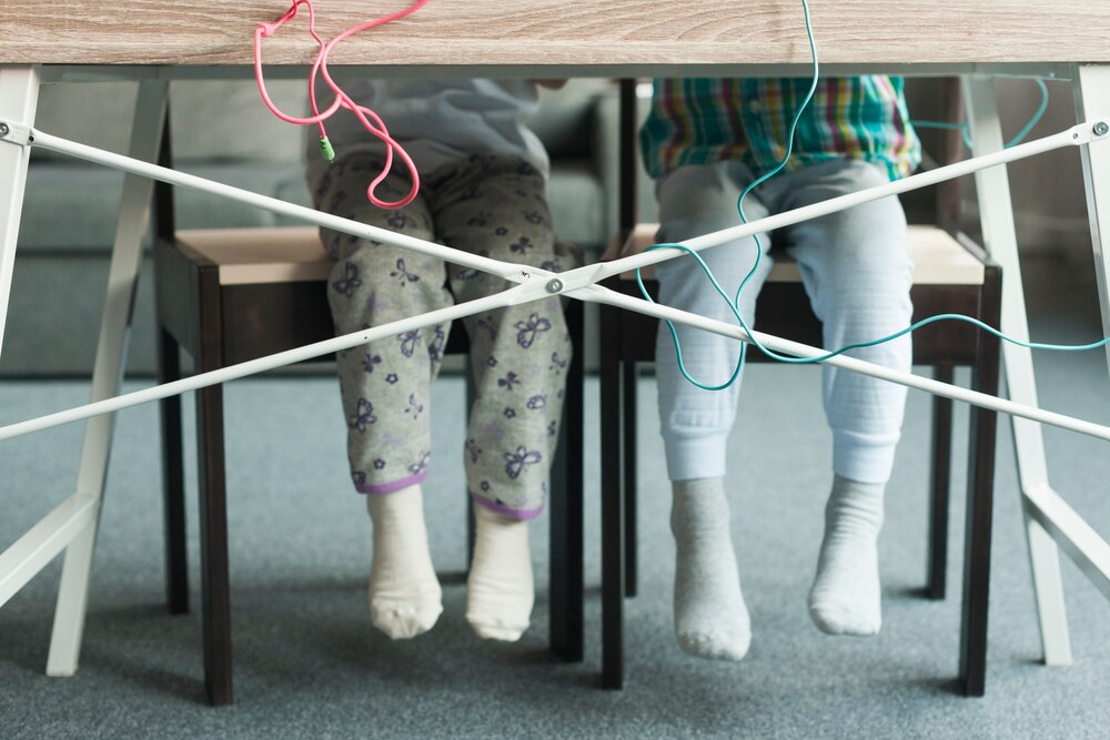 Legs of kids sitting at table